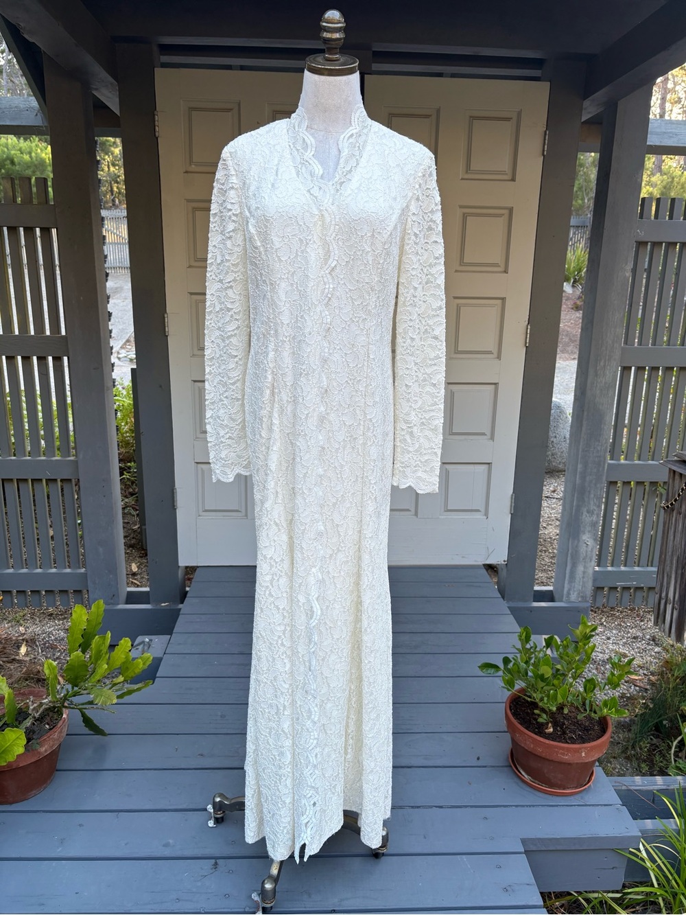 ALEX Evening Long White Lace Dress with Scalloped V-Neck